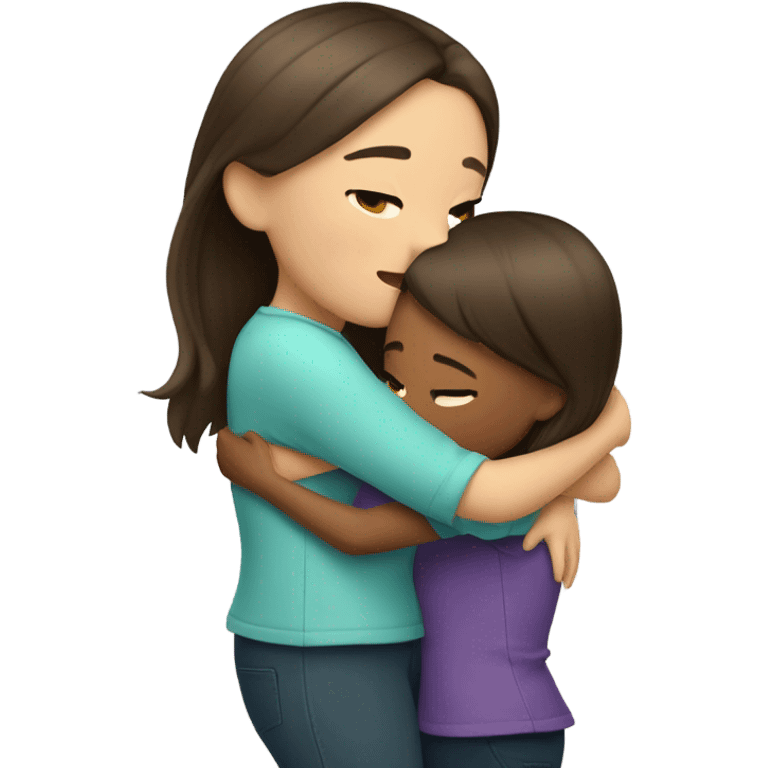 Two brunette girls hugged, one with short hair and the other long emoji