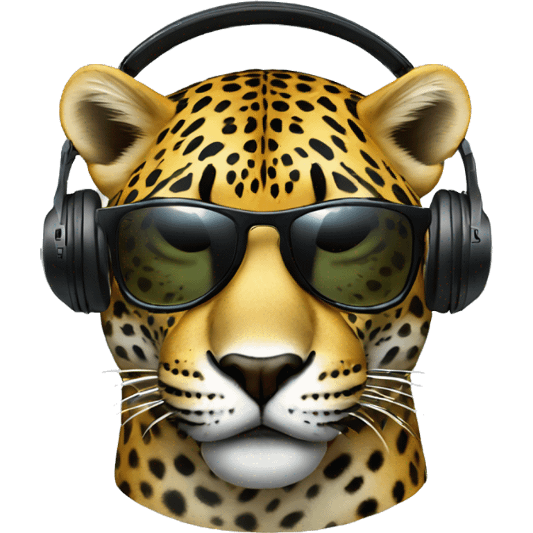 jaguar dj, emoji head, looking forward, wearing dark sunglasses, wearing over-ear headphones on top of head emoji