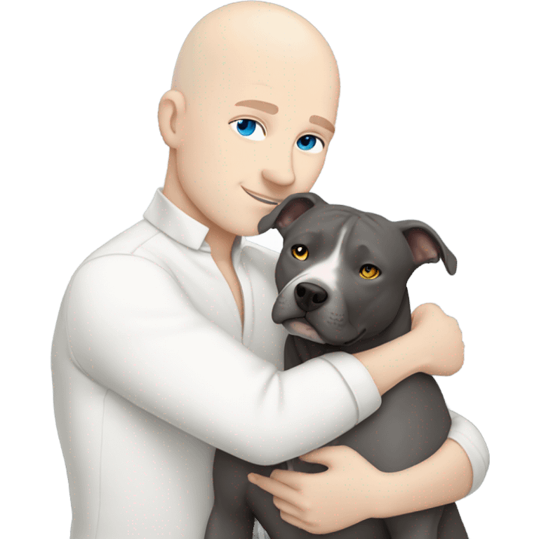 white bald man with blue eyes hugging dark grey no white pit bull emoji