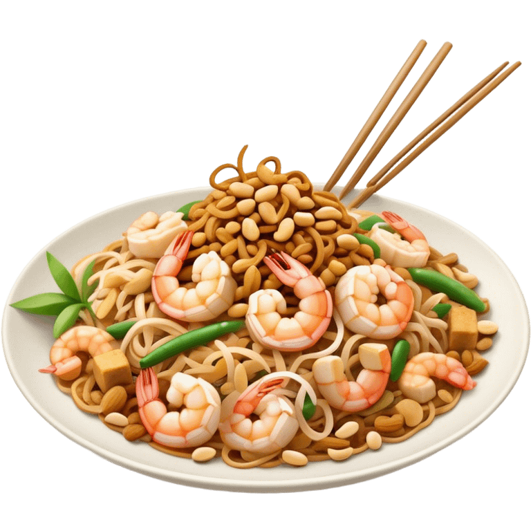 Cinematic Realistic Pad Thai Dish Emoji, depicted as stir-fried rice noodles with shrimp, tofu, peanuts, and bean sprouts rendered with vibrant textures and dynamic, appetizing lighting. emoji