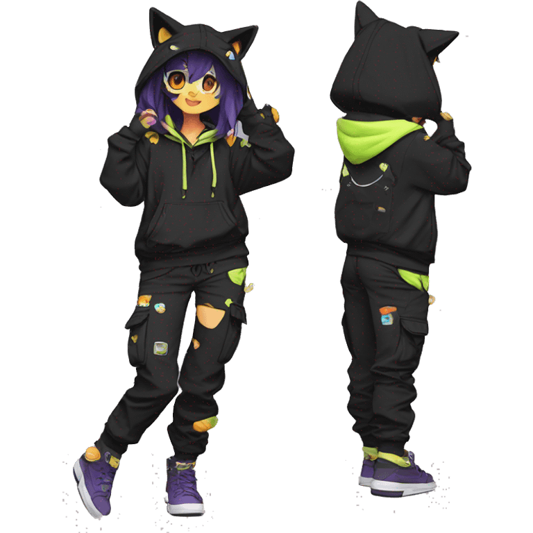 Edgy Anthro cool shy colorful urban beautiful pretty anime dark cat-Pokémon-fursona techwear cargo pants hoodie emoji