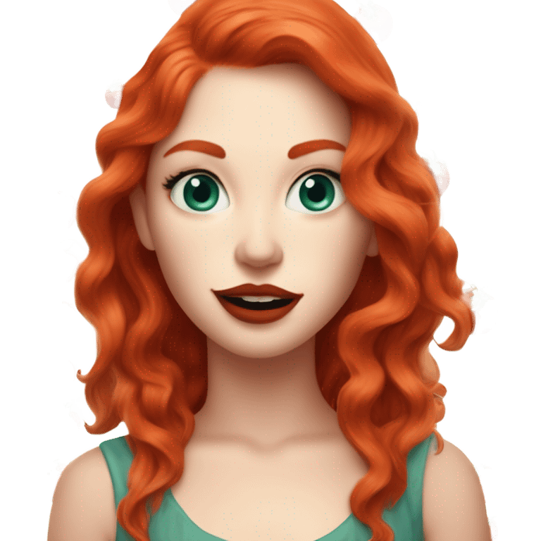 long wavy tomato red hair, tomato red lipstick, blue-green bright eyes, white skin and a very small sharp nose emoji