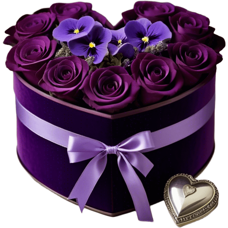 A vintage-inspired heart-shaped velvet box, wrapped with a rich plum silk ribbon, rests beside a delicate arrangement of soft purple roses, lavender sprigs, and dark amethyst pansies. Under the moonlight, tiny silver stars glimmer on the box’s lid, reflecting the romantic glow of an ornate candlestick standing nearby. emoji