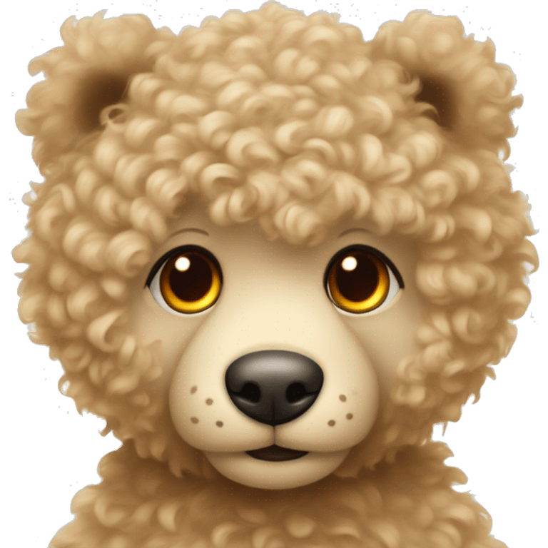 Light coloured curly fur. With Orange eyes teddy bear wearing a beige sweater with a red heart in the middle.  emoji