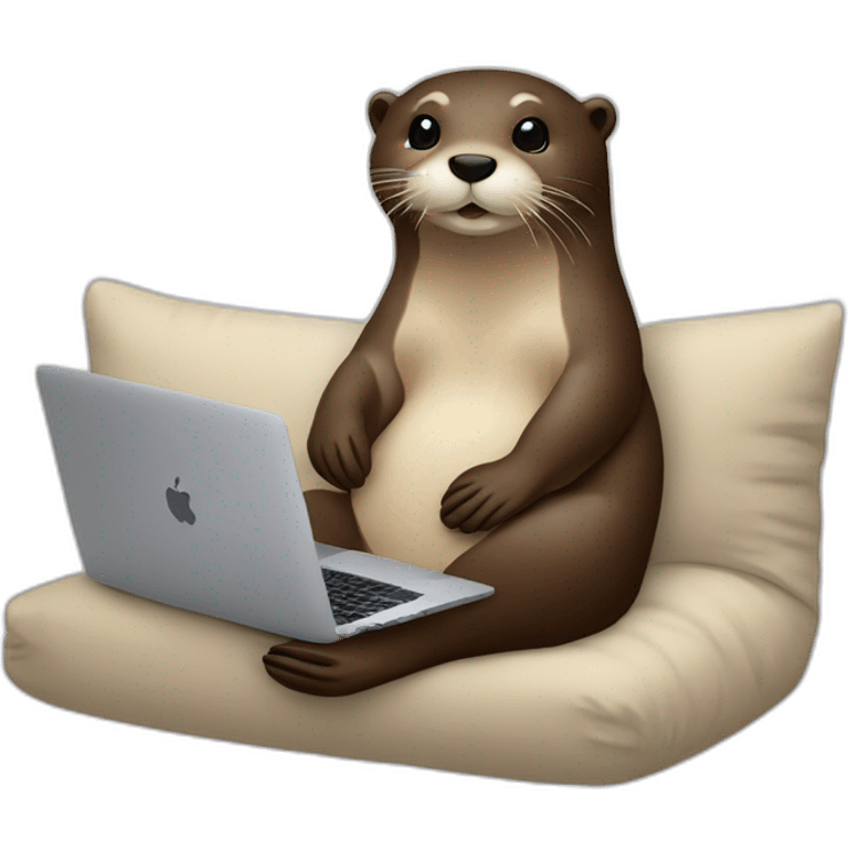 female otter use a macbook while seated against a pillow emoji