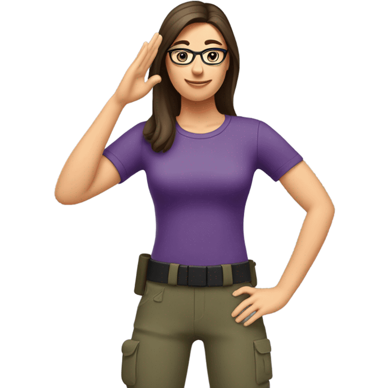 a caucasian brunette female, wearing a purple t-shirt and glasses, making the military salute gesture with one hand next to her head and the other one on her waist emoji