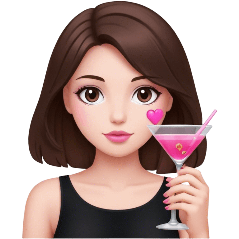 brunette hair down girl black top holding a pink cosmo emoji