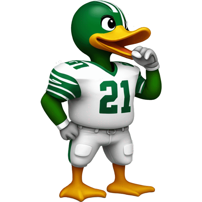 Duck wearing a football jersey with a field post emoji