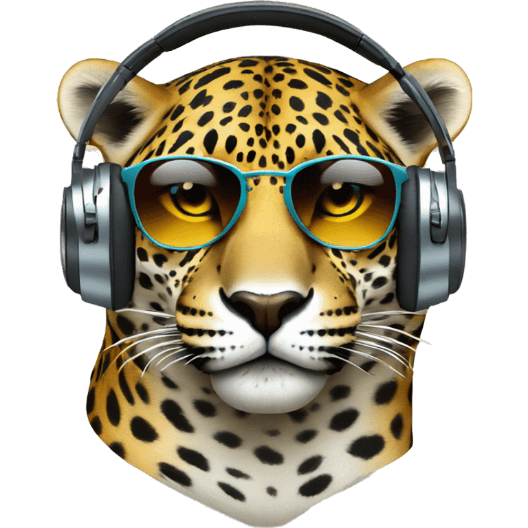 fashionable jaguar dj, emoji head, looking forward, wearing reflective sunglasses, wearing colorful big over-ear headphones on top of head emoji