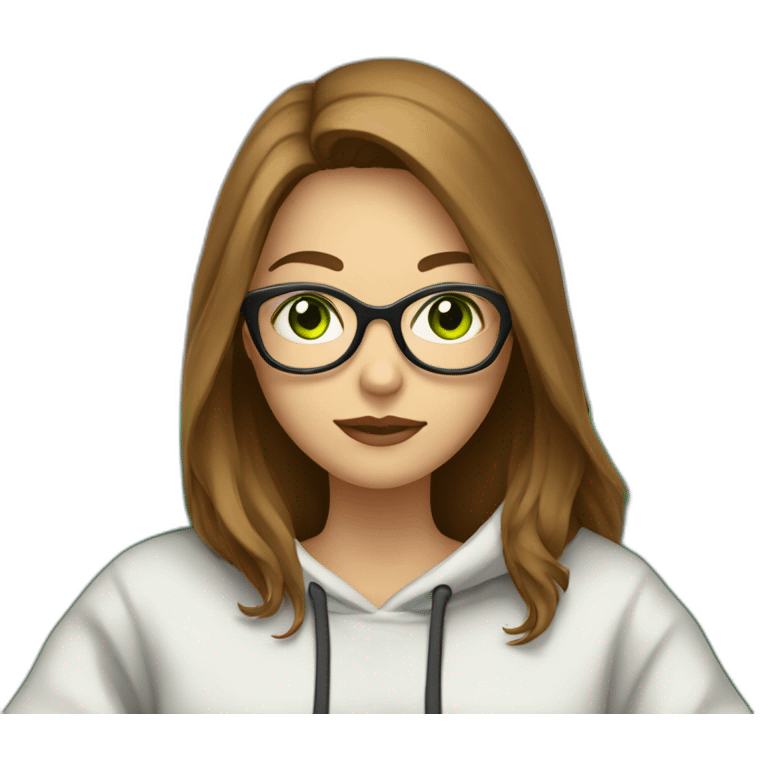 a white wearing girl glasses and a hoddie with green eyes and brown long hair sitting on a couch watching tv emoji