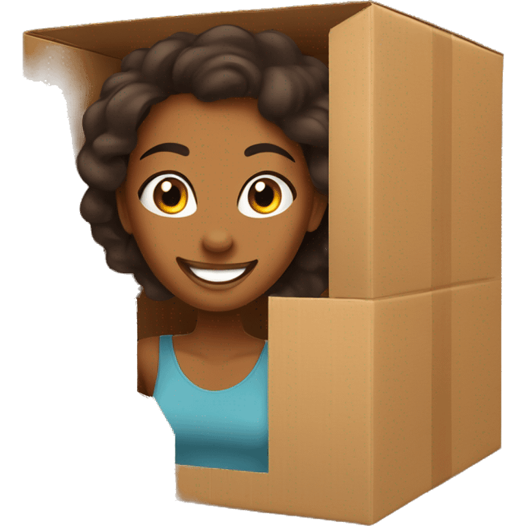 A beautiful brown skin woman with peeks cheerfully from an opening in a large cardboard box, her expression playful and inviting. emoji