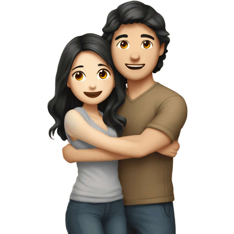 A cute and very happy Asian couple hugging each other very tight. The girl has long dark wavy hair and pale skin and dark hazel eyes, the Man has short dark straight hair and bright amber eyes and is pale emoji