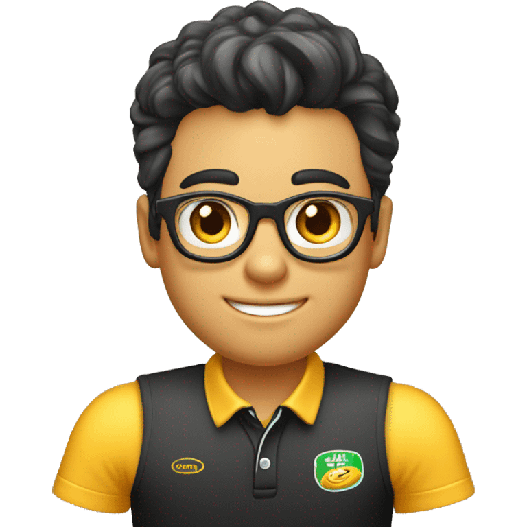 Menino de 16 anos empresário um pouco gordinho, pele pardo, blusa polo preta, marketeiro do digital emoji