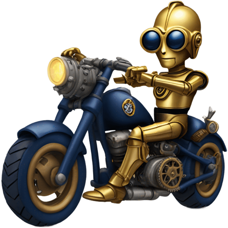 C-3PO wearing a pair of navy-blue heart shaped sunglasses riding a steampunk motorcycle on ice  emoji