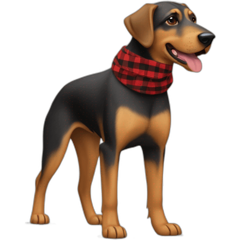 adult 75% Coonhound 25% German Shepherd mix dog with visible tail wearing small pointed red buffalo plaid bandana full body walking left quickly emoji