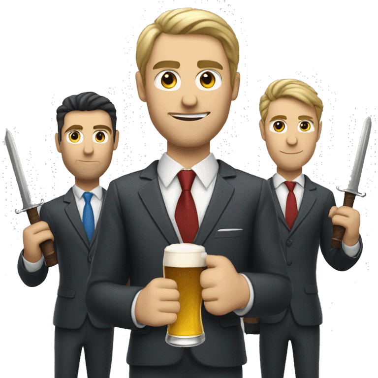 Three Caucasian men in suits with slick hair holding a beer and a sword emoji