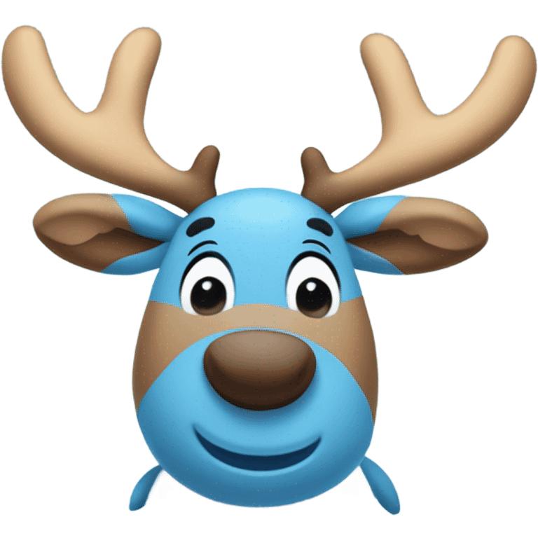 A cute blue stuffed animal resembling a cartoon moose or reindeer, with soft rounded horns that are blue, a smiling face, and a light blue belly. It has a friendly and cuddly appearance emoji