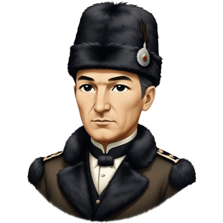 ​Cinematic Realistic Portrait of a Young Mustafa Kemal Atatürk, depicted wearing an iconic tall black fur hat along with traditional attire, his confident, visionary expression illuminated by warm, inspiring lighting, rendered with rich historical textures that capture his youthful dynamism and transformative leadership, emoji