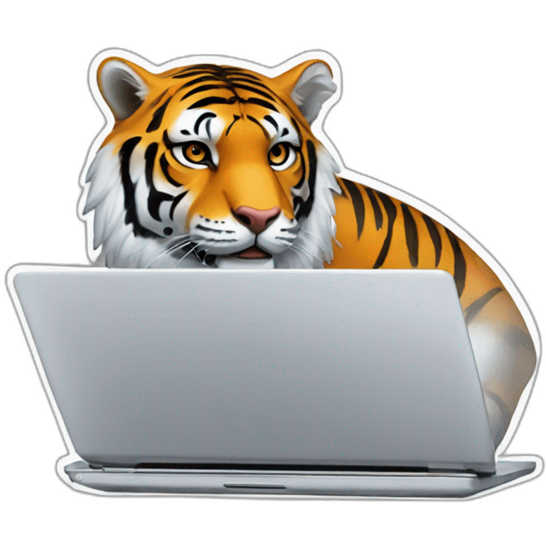 A tiger on a laptop with an "HERVÉ" sticker emoji