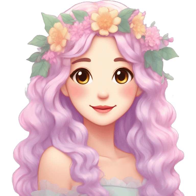 Gorgeous Shiny Colorful Pastel Anime Style Mature Lady with blushing face and pretty hair with a flower crown pastelcore kawaii cottagecore fairycore aesthetic trending style emoji