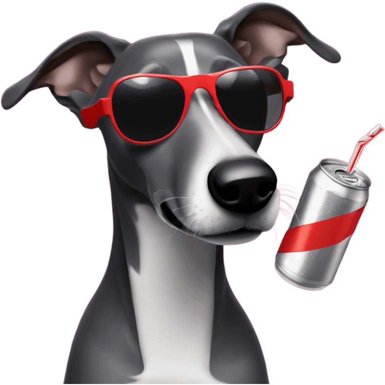 A black whippet drinking a Diet Coke with sunglasses on their head emoji