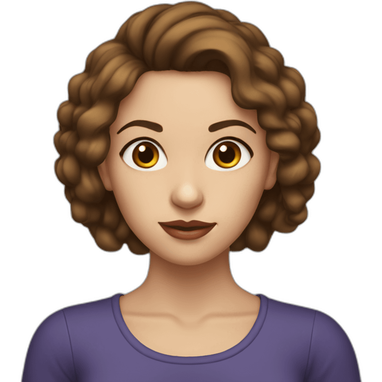 young woman with brown hair, blue almond-shaped eyes, thin eyebrows and earring emoji