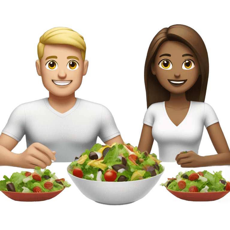 emoji Sporty white couple, man and woman in sportswear, sitting at Christmas festive dinner table only salads. behind them is a Christmas tree emoji