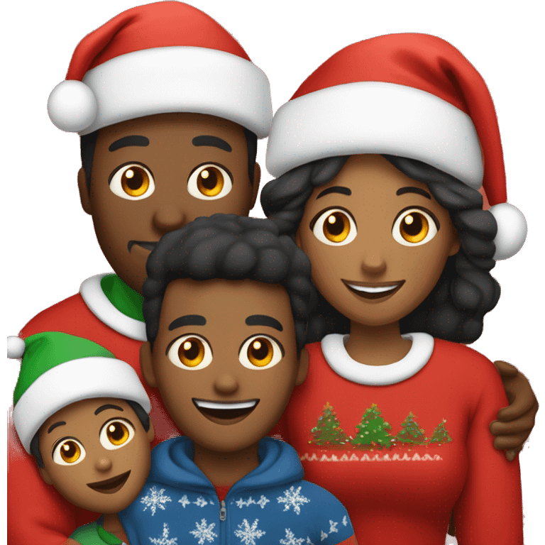 A Black family of four members with Dad, Mom, Son, and daughter. All wearing Christmas sweaters and Santa hats.  emoji