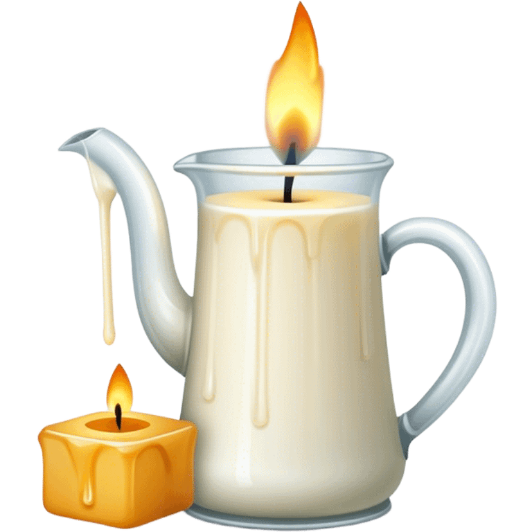 Candle making icon, candle with a wick, melting wax, wax blocks, pouring jug, wick holder, minimalistic style, clean lines, transparent background. emoji