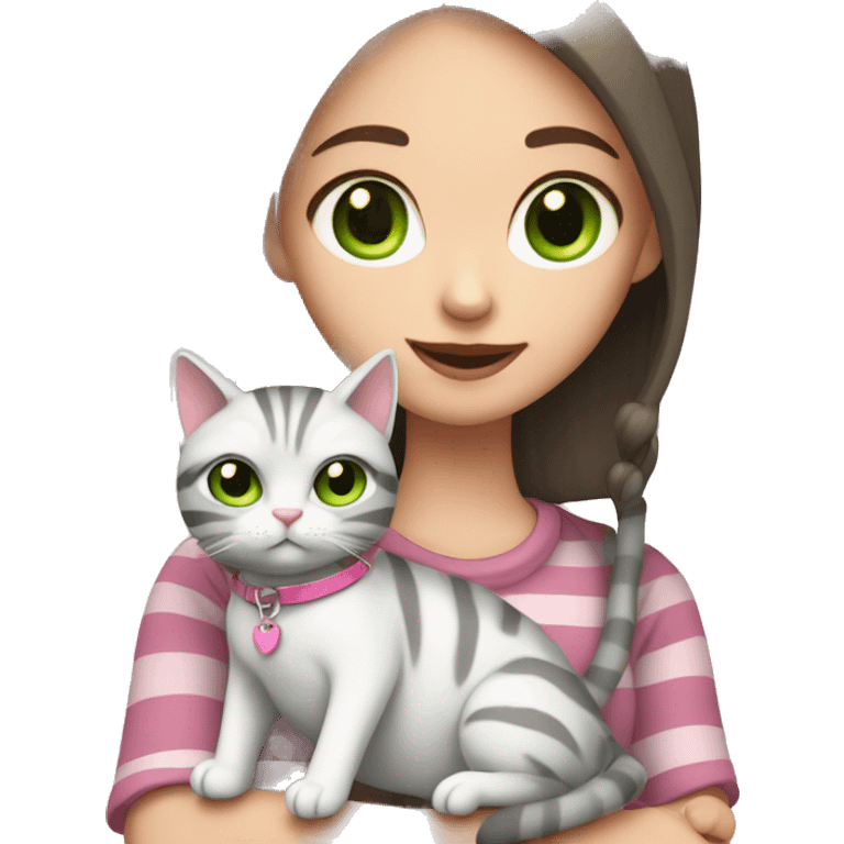 White skinned girl with green eyes and brown hair holding her grey stripy cat with a pink collar emoji