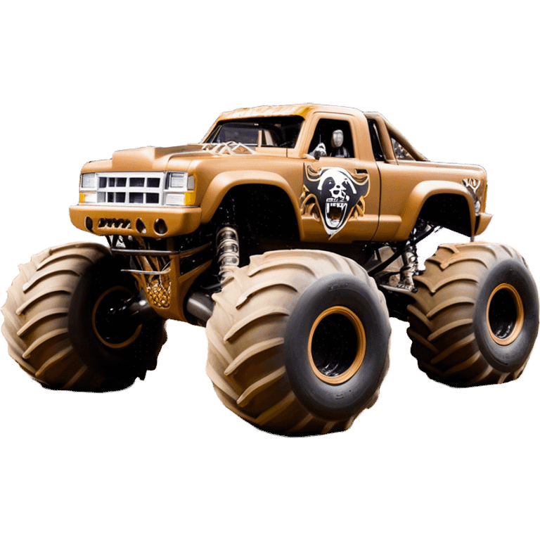 Monster Mutt - Monster Jam (Model Year: 2021) (Iconic colour: Brown with dog features) - A unique monster truck with playful, dog-inspired design cues. The vehicle is painted in warm brown tones and features subtle dog motifs (such as a stylized snout or ear shapes). It should blend the rugged power of a monster truck with quirky, endearing canine features. emoji