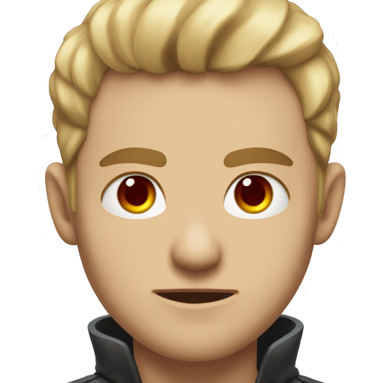 A man, with sharp red eyes and flowing blond short hair, eyes piercing straight ahead, mouth slightly turned up, have the spirit of overlord emoji