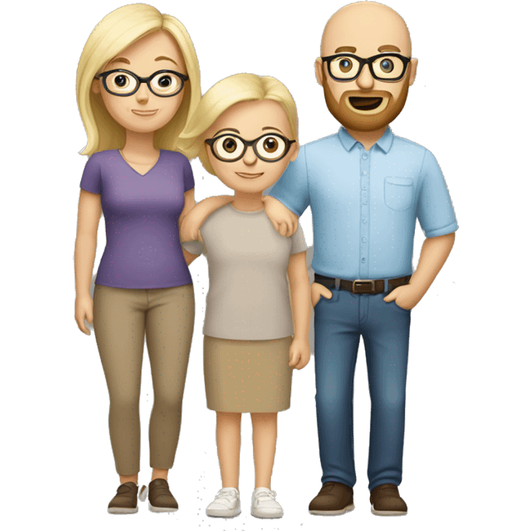 White family of four. Brown haired mom with glasses, shaved head dad with beard. Blonde older boy. Blonde baby girl.  emoji