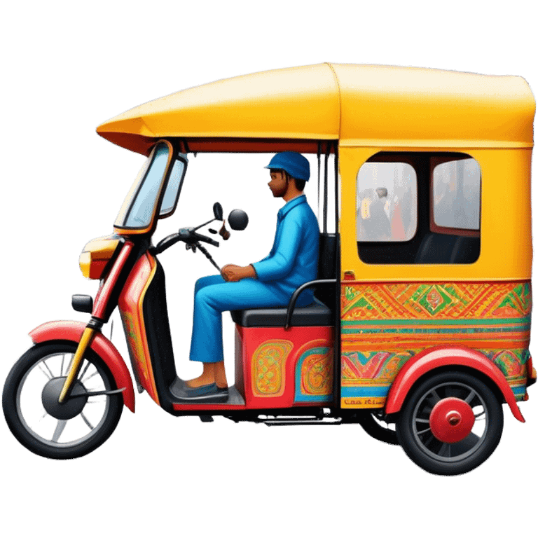 Cinematic Realistic image of a colorful auto rickshaw, rendered with detailed textures and lively, bold hues, set on a bustling urban street with dynamic, vibrant lighting that emphasizes its iconic role emoji