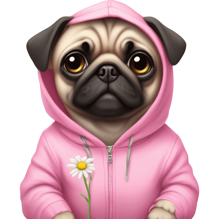 Cute Baby Pug with pink eyes wearing a pink hoodie eating daisy's  emoji