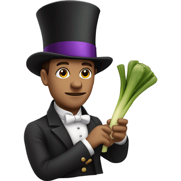 Man holding a leek with his hands with a top hat that has a purple band emoji