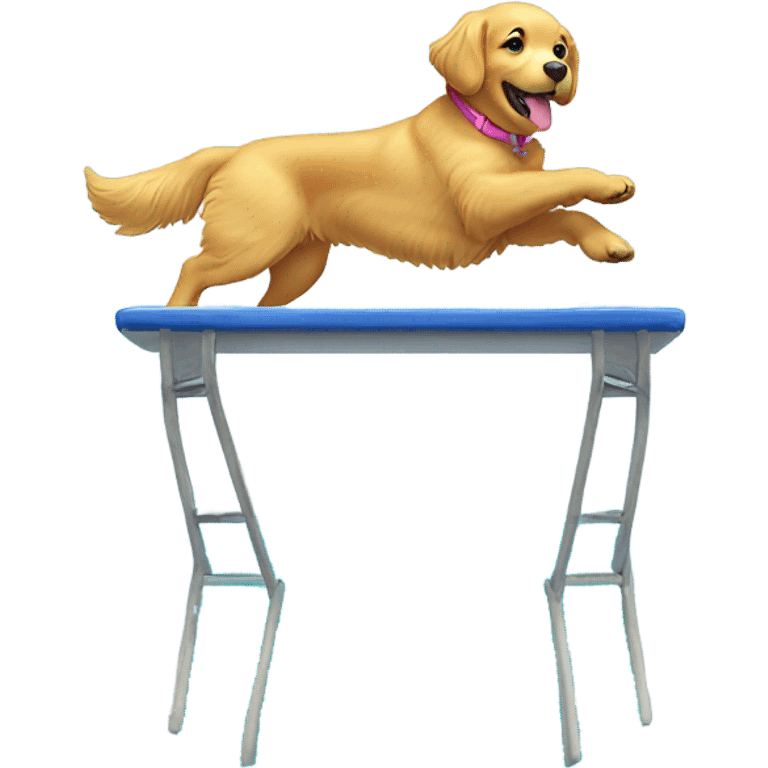 Golden retriever in a bathing suit diving off a platform emoji