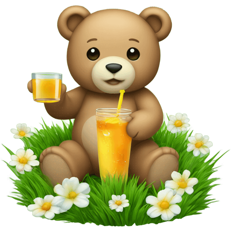 Teddy bear drinking juice sitting on green grass with flowers  emoji