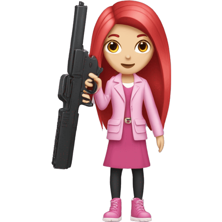 White Girl with dark long straight red hair and hand pink nails holding pink gun emoji