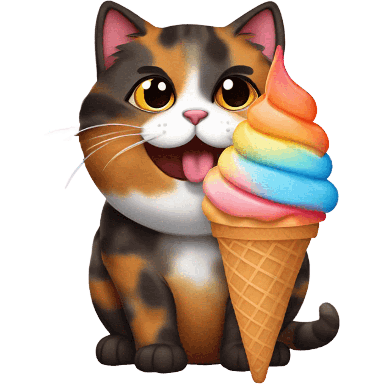 Cute fat tortoiseshell cat eating ice cream emoji