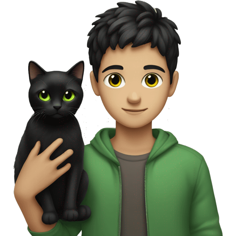  boy with black hair and brown eyes holding a black cat with green eyes emoji