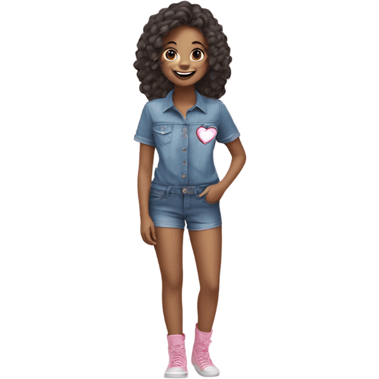 smiling girl in denim outfit tshirt color pink and blue and hearts love  emoji