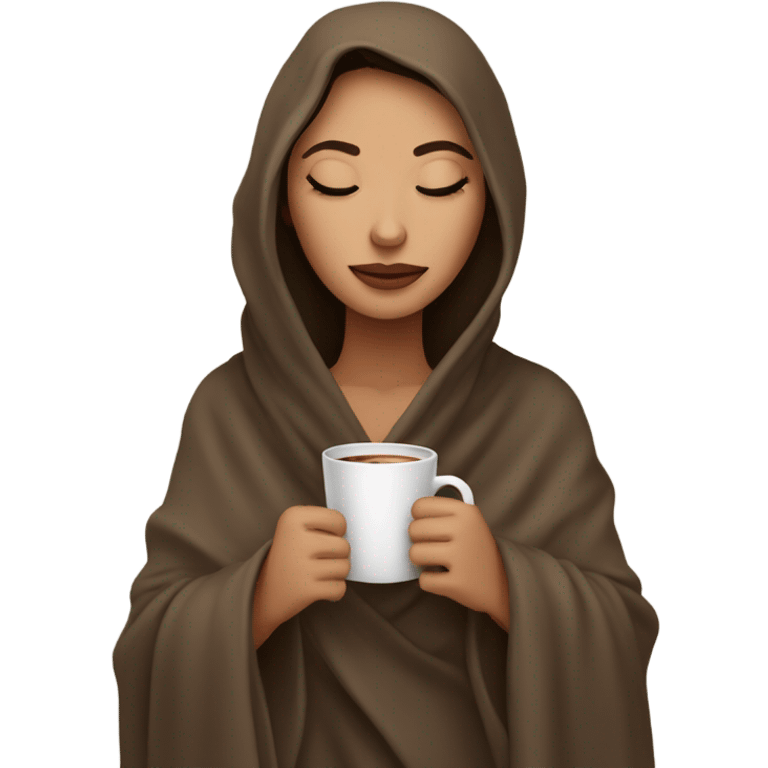 Brunette girl inside a blanket sipping coffee eyes closed emoji