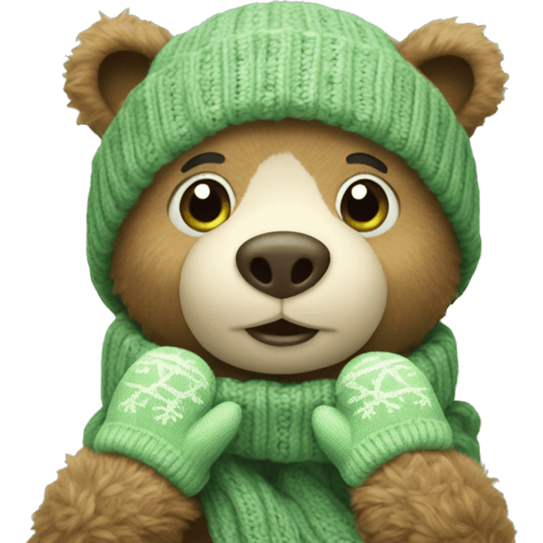 Cute Bear with knitted Sage green mittens emoji