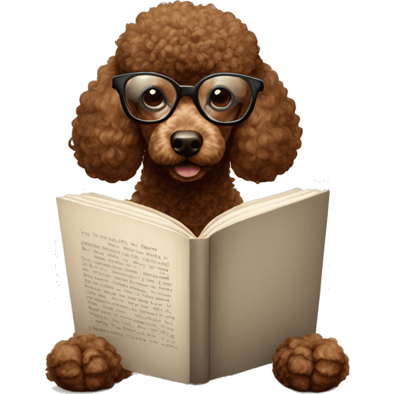 Brown poodle with wire rim glasses reading a book emoji