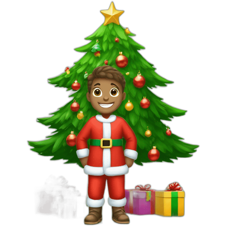 happy boy with red cristmas dress and gifts under cristmas tree emoji