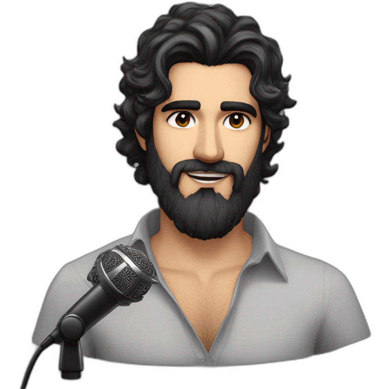 Brazilian Voice Actor Jefferson Melo, long beard, dark brown eyes under thick eyebrows, wavy messy black hair with a little gray wearing a taper haircut holding a voice over studio microphone emoji