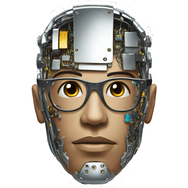 Male cyborg head with metallic plated face, flat top, glasses and circuits emoji