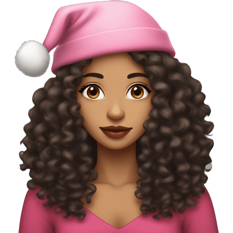 light brown skinned pretty woman with long black curly hair and almond brown eyes with pink christmas hat with big lips emoji