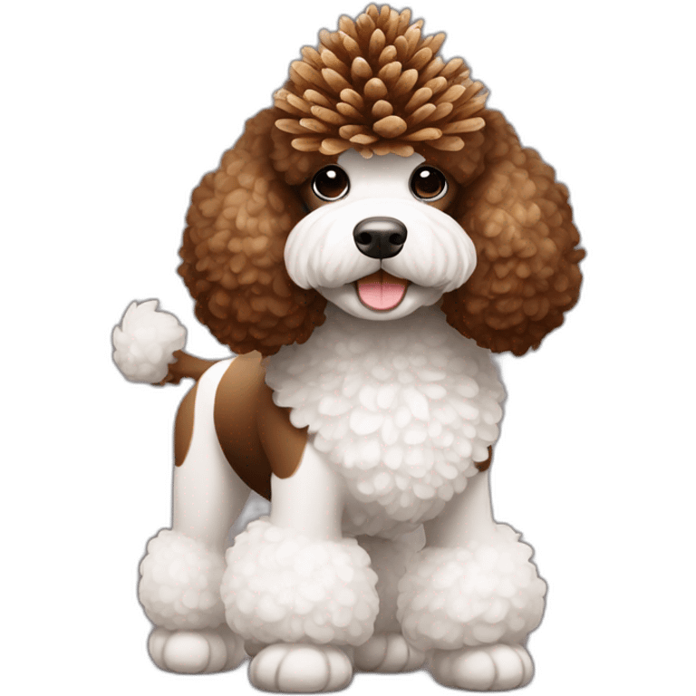 brown and white poodle standing with pinecone emoji